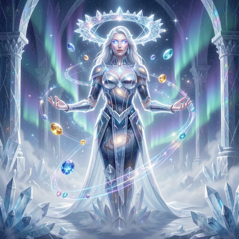 Celestial cosmic goddess in silver galaxy armor with a crystal halo, orbiting glowing gems, stand...