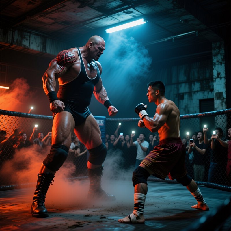 Two fighters square off in an intense underground cage match, as fans film the showdown inside a ...