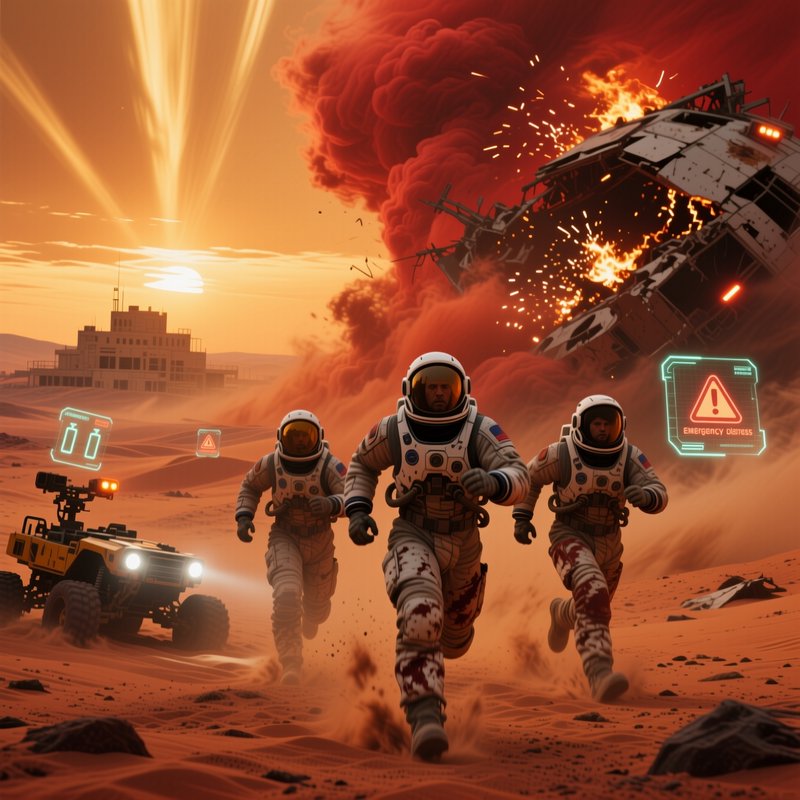 Three astronauts flee an exploding crashed spacecraft on a red Mars-like desert, with floating ne...
