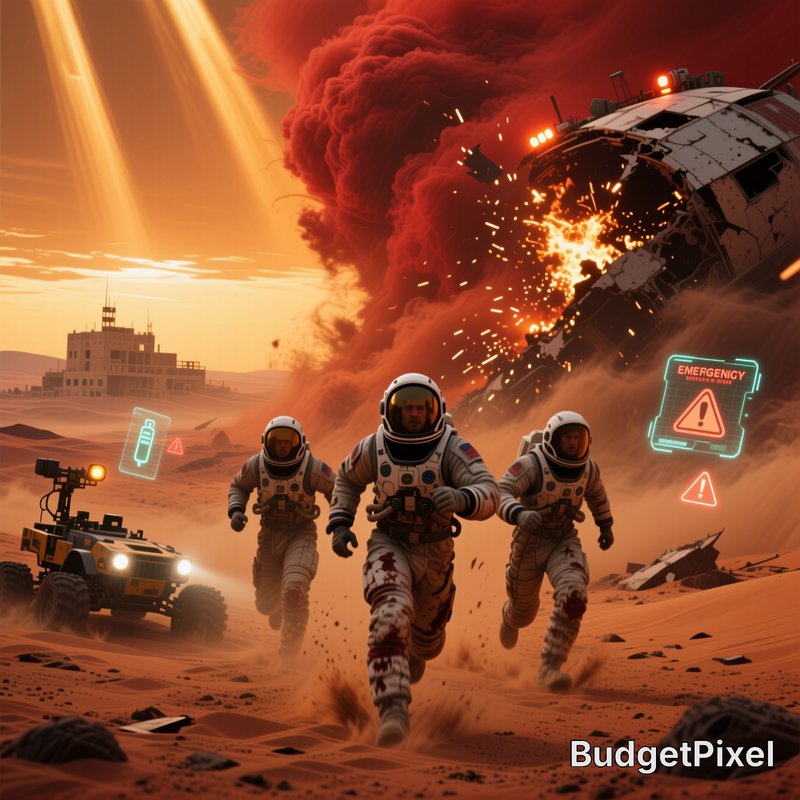 Three injured astronauts run from an exploding crashed spaceship on Mars, with a following rover ...