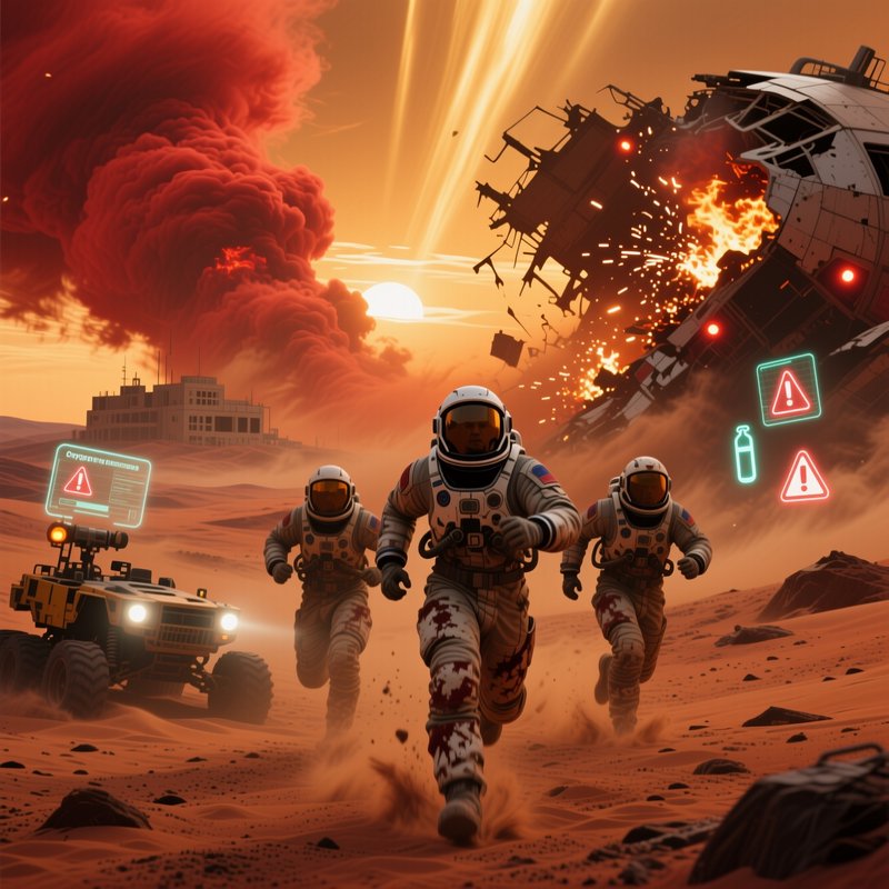 Three astronauts run from an exploding crashed spaceship on a red Mars-like desert, with warning ...