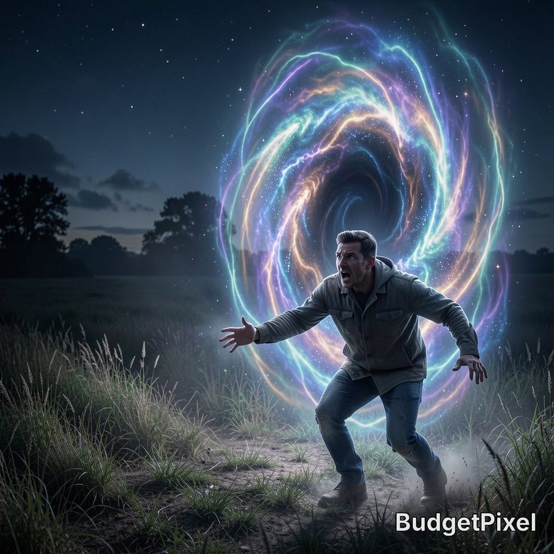 Terrified man fleeing a swirling neon cosmic interdimensional portal in a dark grassy rural field...