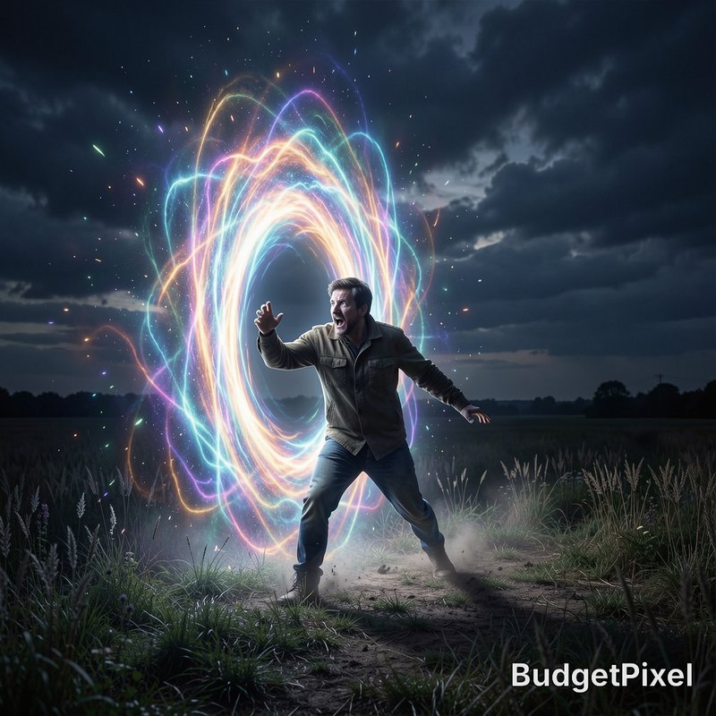 Startled shouting man stands in a grassy rural field in front of a swirling glowing multicolored ...