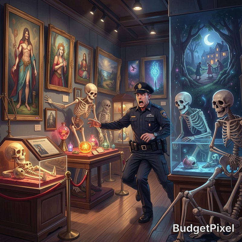 Startled museum security officer reacts to grinning animated skeletons coming to life in a supern...