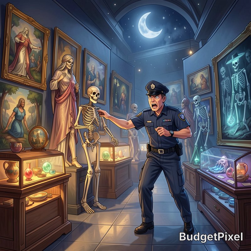 Shocked night museum guard confronts animated skeletons and haunted exhibits in a moonlit after-h...