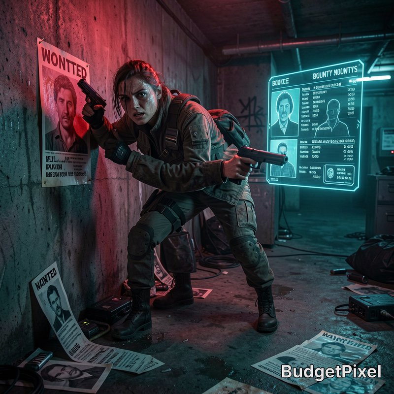 Tense female tactical bounty hunter dual wields pistols in a neon lit gritty cyberpunk bunker nex...