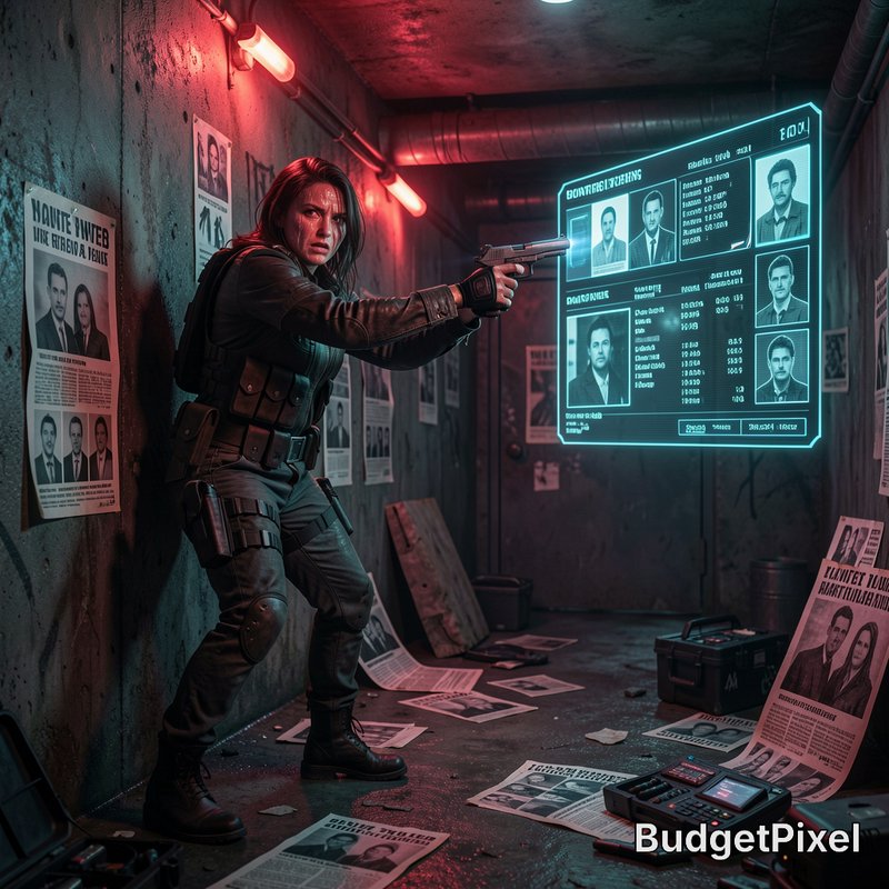 Tactical female agent aims a handgun at a glowing holographic suspect board in a red-lit gritty u...