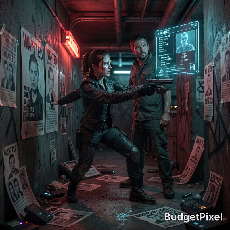 Tense cyberpunk scene: armed female tactical officer aims a handgun beside her partner in a grung...