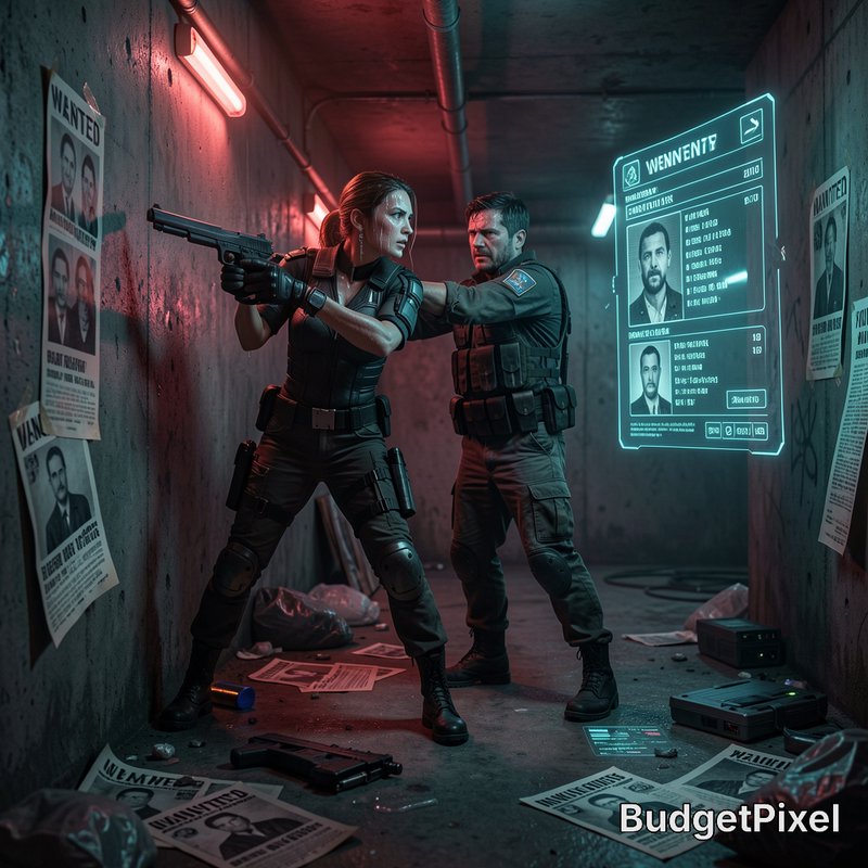 Two tactical cyberpunk police officers aim firearms in a grungy neon-lit concrete corridor with h...