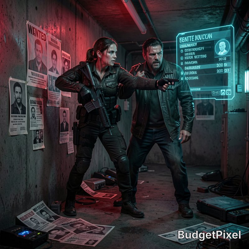 Armed female tactical officer shields a man, aiming a pistol, in a grungy neon-lit cyberpunk bunk...