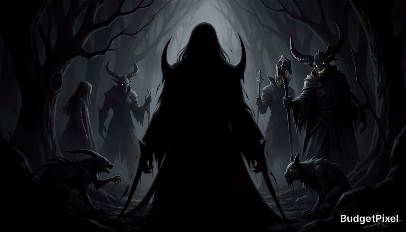 Silhouetted horned dark overlord stands with demonic followers and hellhounds in a foggy dead hau...