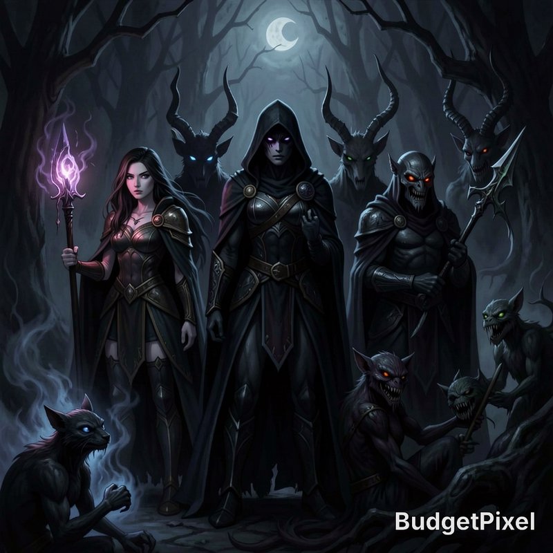 Menacing dark fantasy villain party of mages, demons and warriors standing in a misty moonlit hau...
