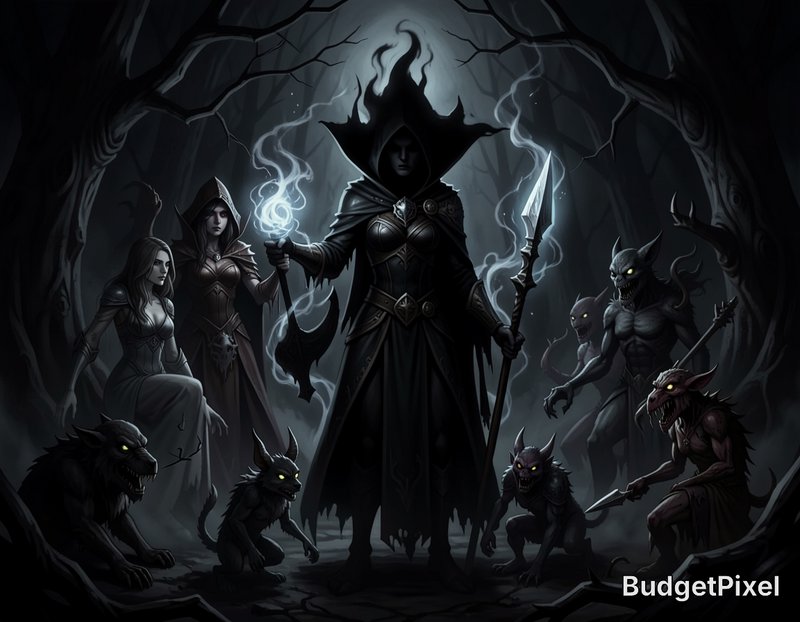 Dark fantasy illustration of a hooded dark sorceress leading a horde of witches and demonic monst...
