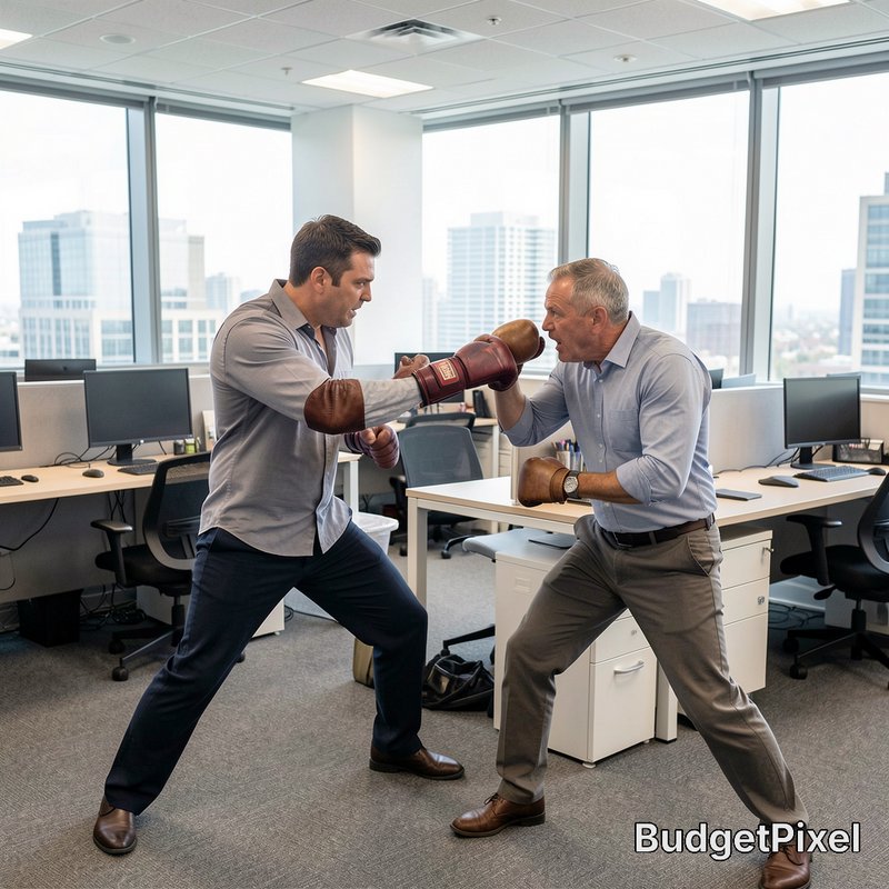 Two male office coworkers in business attire face off in a sparring stance wearing mismatched box...