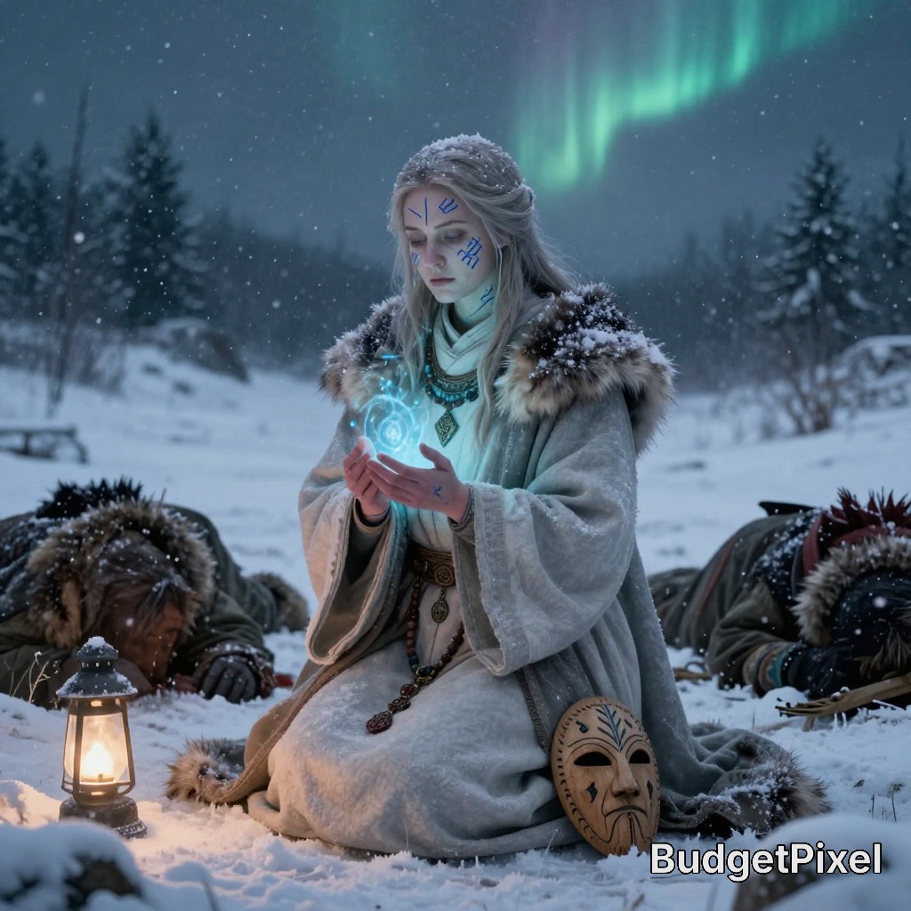 Winter fantasy scene of a cloaked woman with fur trim kneeling in snow under aurora, glowing orb in her hands.