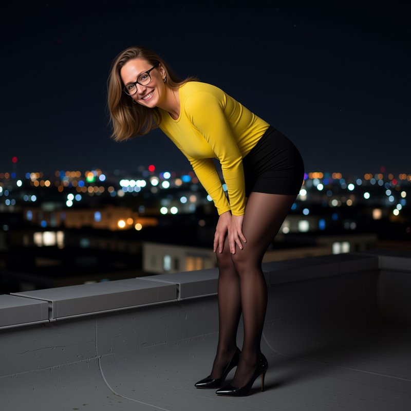 Woman in a bright yellow top leaning on a rooftop edge at night with city lights in the background.