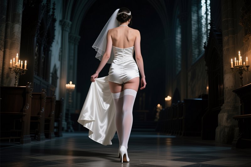 Back view of a bride in short white bridal wear, veil, and thigh highs walking down a candlelit g...
