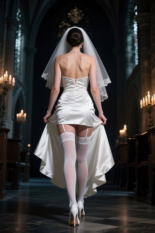 Back view of a bride lifting her high-low wedding dress while walking down a candlelit gothic cat...