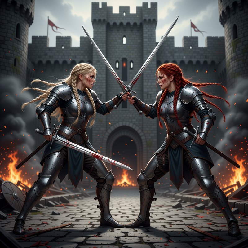 Two armored female fantasy knights clash bloodied swords in a burning medieval castle courtyard.