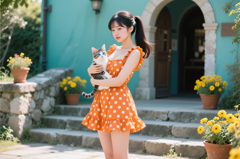 Young woman in orange polka dot dress holds a blue-eyed tabby cat outside a sunny turquoise cottage.