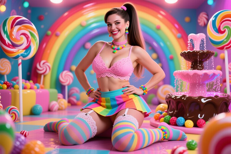 Smiling woman in rainbow candy-themed outfit poses in a vibrant whimsical candy land room with lo...