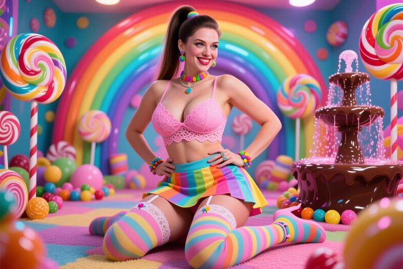 Smiling woman in rainbow candy fashion sits in a whimsical vibrant candy-themed room with lollipo...