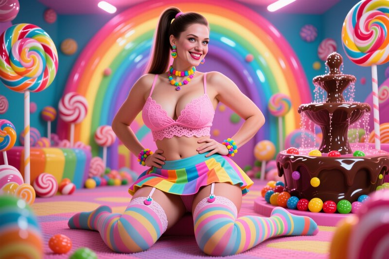 Smiling woman in candy-themed outfit sits in a whimsical vibrant candy land room with lollipops a...