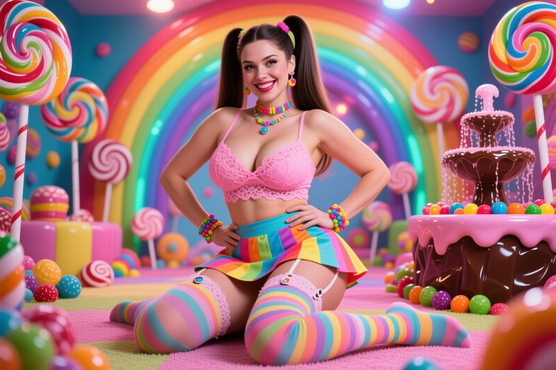 Smiling woman in rainbow candy-themed outfit sits in a vibrant whimsical candy land room with gia...