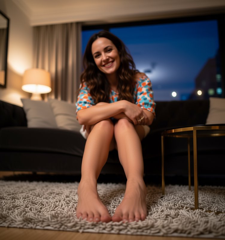 Smiling barefoot woman sits on a dark sofa, feet on a plush shag rug, in a cozy modern apartment ...