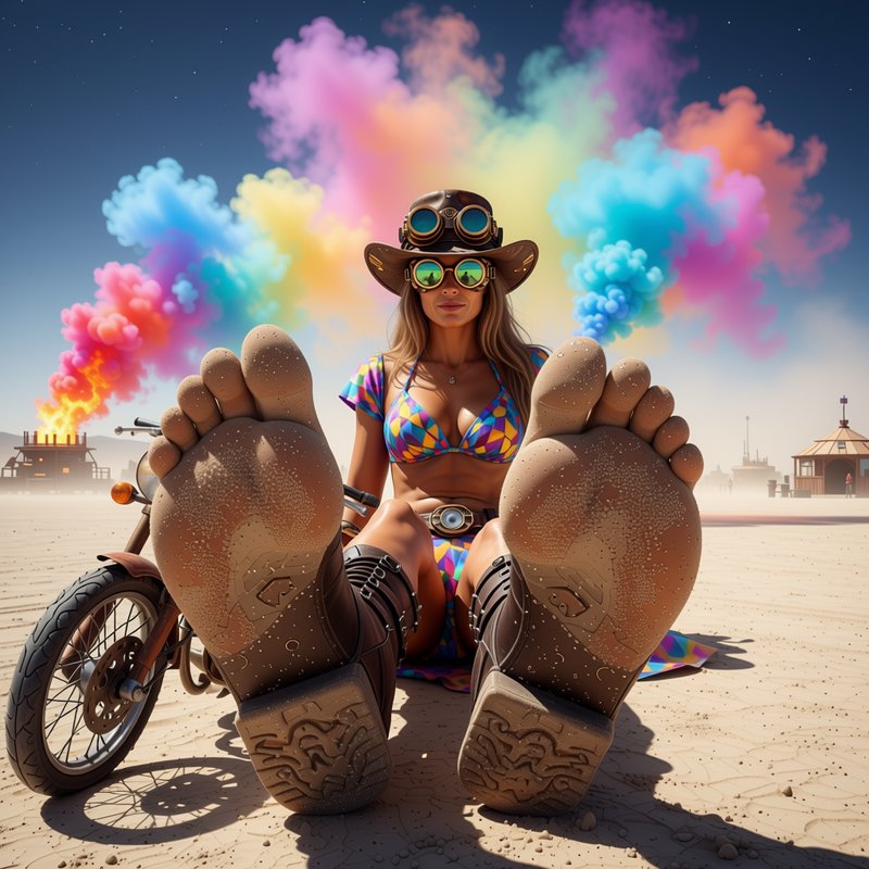 Surreal steampunk festival woman sits with extended foreground boot soles, vibrant rainbow smoke ...