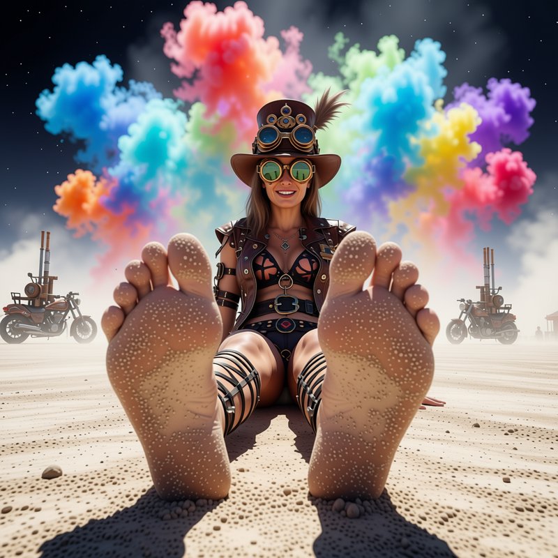 Smiling steampunk woman sits on desert sand holding out sandy feet, vibrant rainbow smoke bursts ...