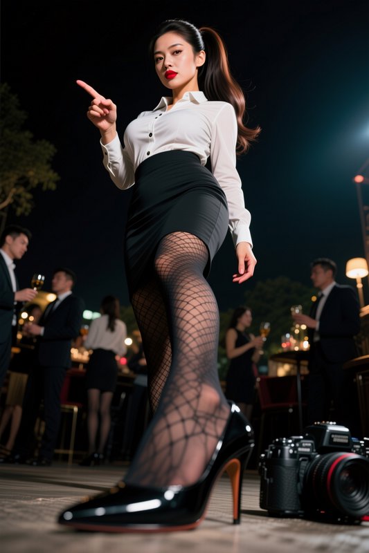 Low angle shot of elegant East Asian woman in business attire pointing, with DSLR cameras at her ...