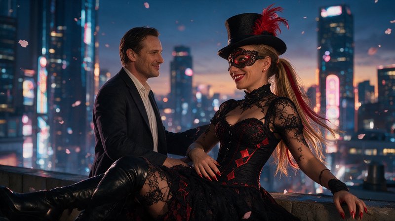 Man in suit and woman in masquerade costume smile while sitting on a high rooftop overlooking glo...