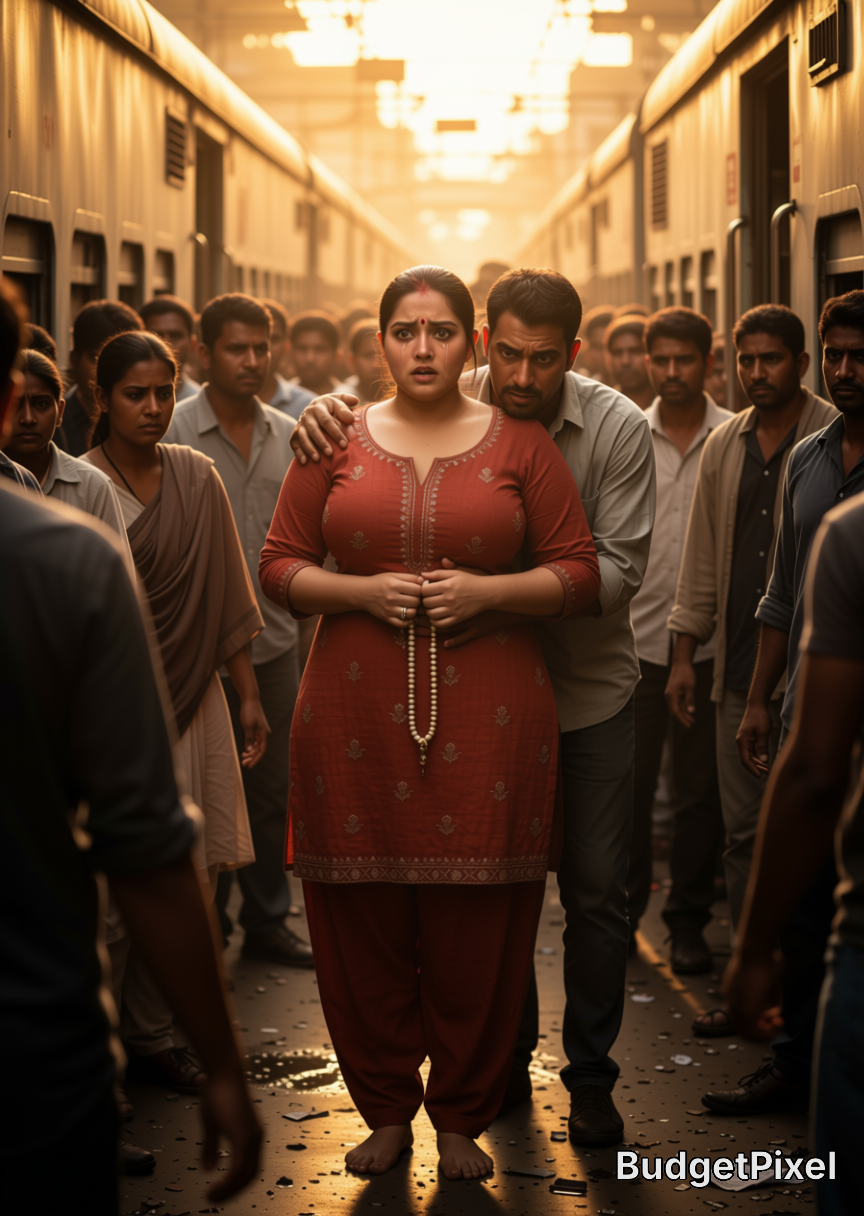 Woman in a red kurti stands centered, a protective man behind her, surrounded by a tense crowd between train coaches.