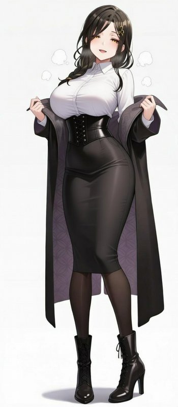 Anime-style woman in white blouse and black corset, wearing a long coat and heeled boots