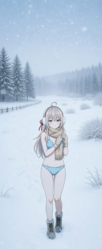 Anime girl in a light blue bikini, scarf, and boots standing in a snowy winter landscape.