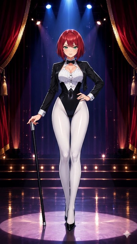 Anime-style woman in a magician costume on stage, red hair, black tuxedo bodysuit, white tights, ...