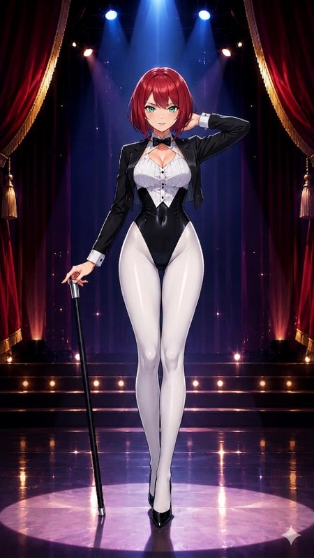 Anime-style red-haired woman in a tuxedo bodysuit with a cane on a theater stage