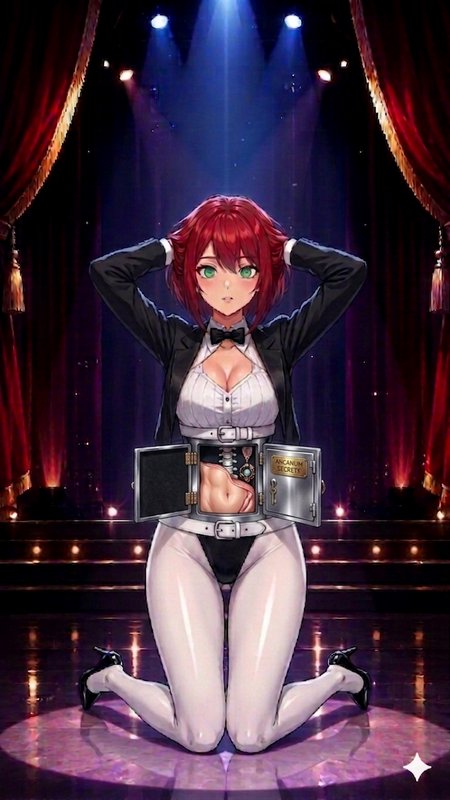 Surreal green-eyed redhead anime illusionist kneels on theater stage, with an open safe cabinet e...