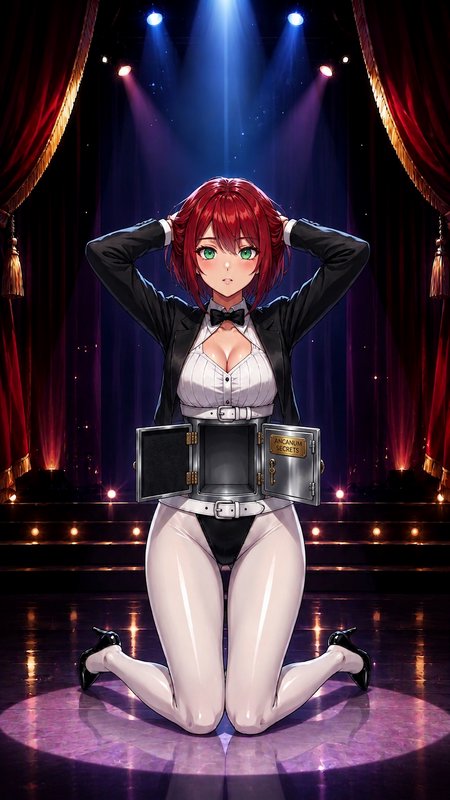 Red-haired anime stage magician kneels center stage under spotlights, with an open safe integrate...