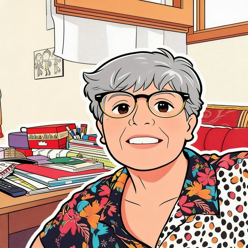 Cartoon sticker portrait of a smiling senior woman with gray hair and glasses, seated in a cozy h...