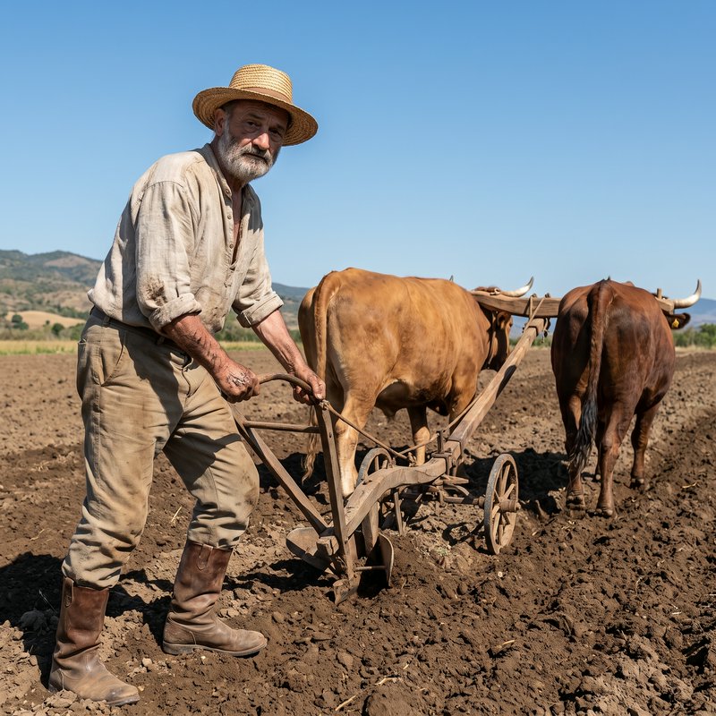 Elderly farmer guides a wooden ox-drawn plow through tilled farm soil under a bright clear blue sky.