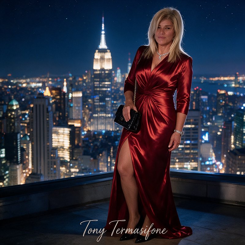 Elegant woman in deep red satin gown stands on NYC rooftop overlooking the lit Manhattan skyline ...