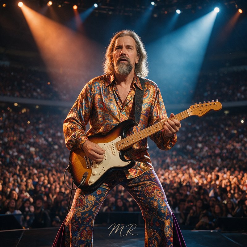 Seasoned male rock guitarist playing sunburst electric guitar on a lit arena stage in front of a ...