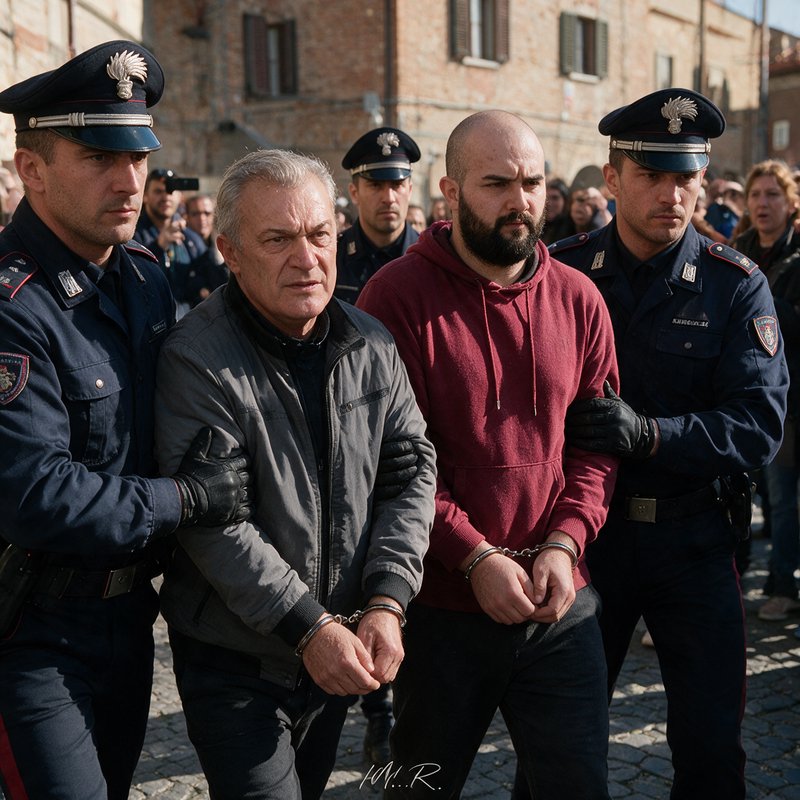 Uniformed Italian police escort two handcuffed male suspects through a sunlit cobblestone town st...