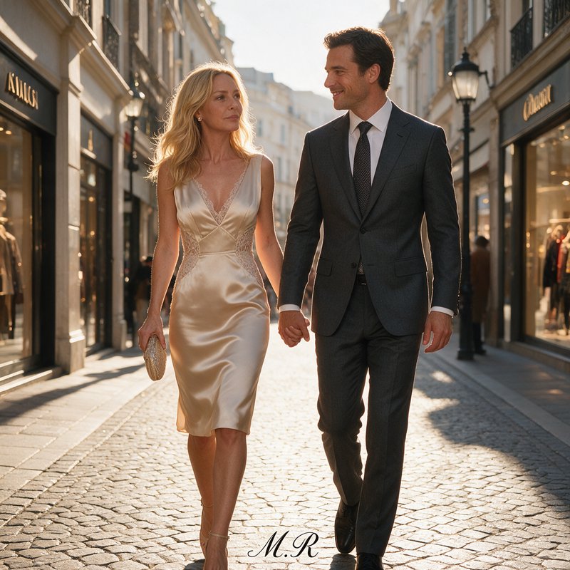 Elegant well-dressed couple holding hands walks along a sunlit cobblestone luxury European shopping street at golden hour.