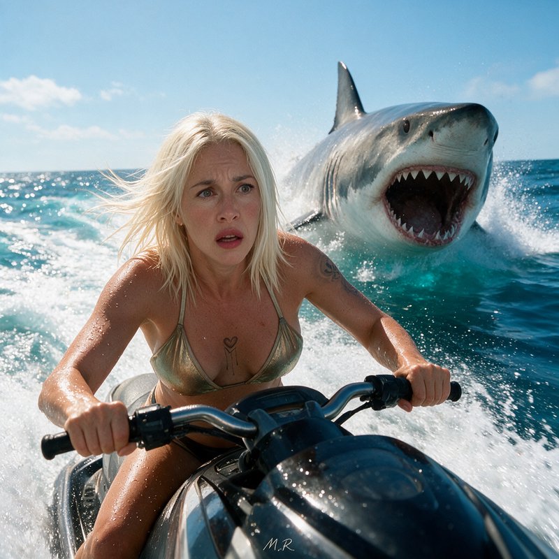 Panicked blonde woman riding a jet ski while a menacing great white shark leaps from the ocean be...