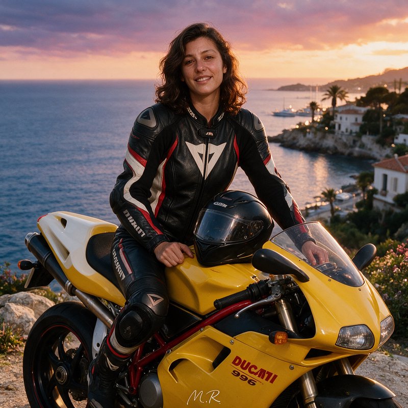 [Smiling female biker in racing leathers sits on a yellow Ducati 996 at a coastal cliff overlook at sunset]
