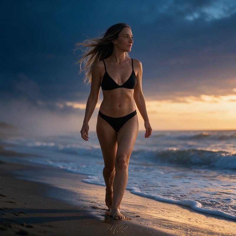 Woman in black bikini walks barefoot along wet sandy beach as ocean waves lap the shore during dramatic stormy sunset.
