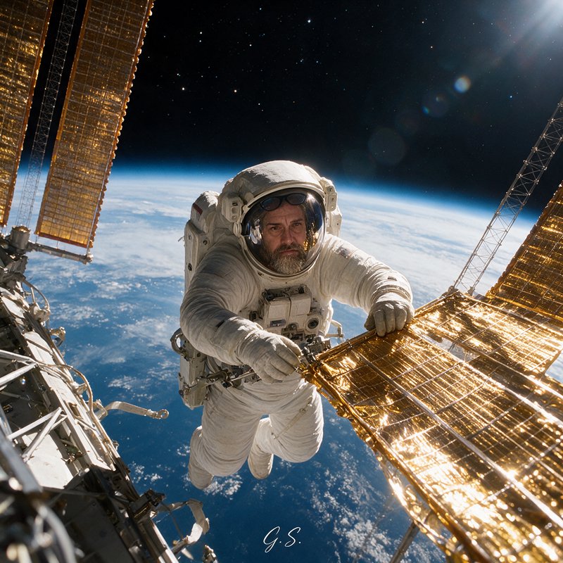 Bearded astronaut in a white spacesuit conducts an ISS spacewalk beside golden solar panels above...